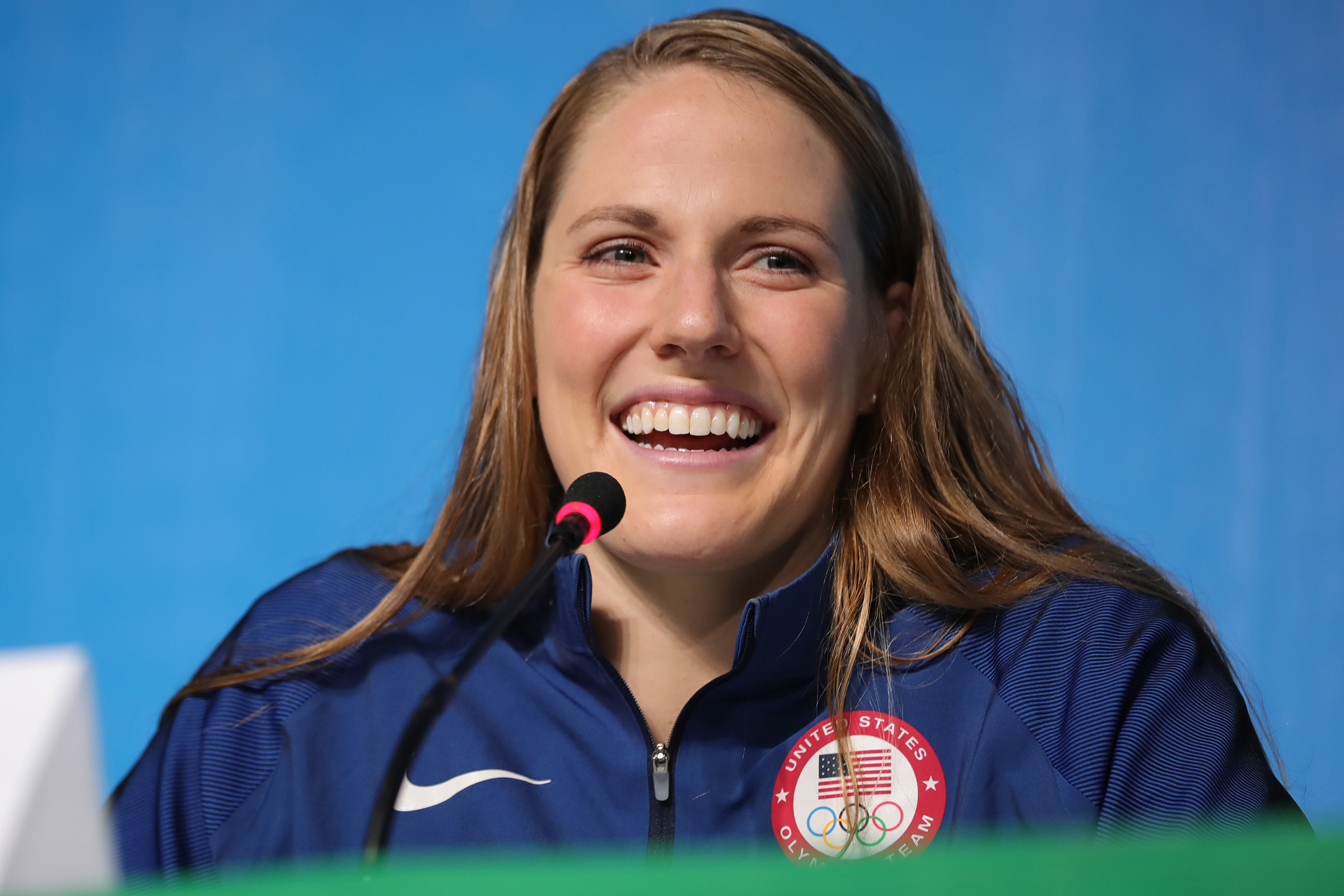 Missy Franklin (USA), is seen during the Swimming Press Conference of team USA at the MPC (Main Press Centre) at Olympic Park Barra prior to the Rio 2016 Olympic Games in Rio de Janeiro, Brazil, 3 August 2016. Rio 2016 Olympic Games take place from 05 to 21 August. Photo: Michael Kappeler/dpa