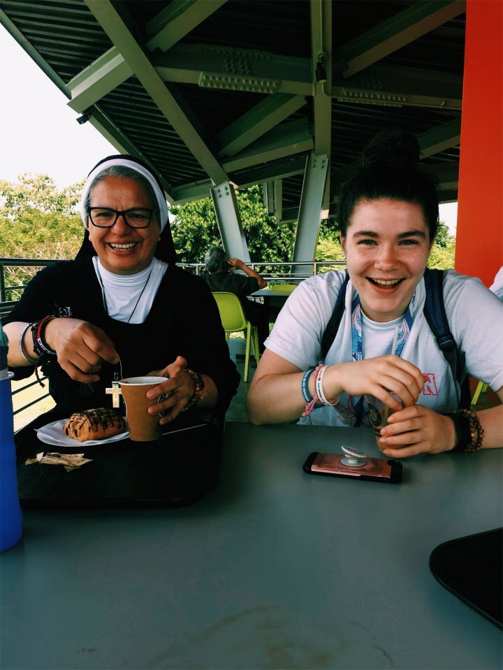 Visitation Sister Sylvie Marie and student Nicole Walutes enjoy a quick snack at Panama’s biodiversity museum Panama City January 25 2019