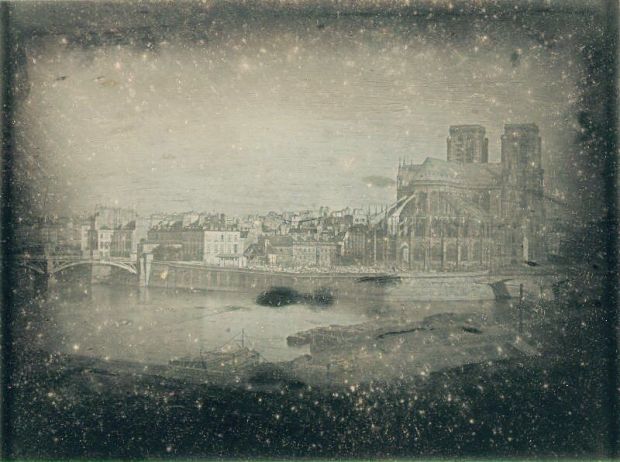 1838 daguerreotype photo of Notre-Dame de Paris taken by Louis Daguerre
