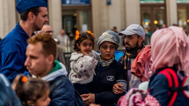 Refugees leaving the train station in Budapest