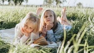 child, children, girls, book, grass