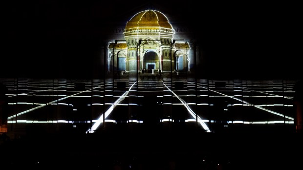 St. Peter’s Basilica facade is lit up with Seguimi a videomapping projection depicting the life of St Peter