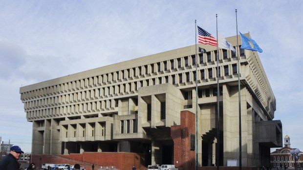 FLAGS FLY OVER BOSTON CITY HALL