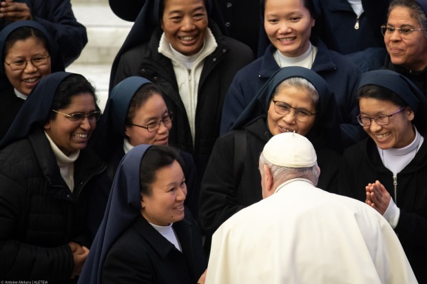 Pope Francis meets with nuns at the end of his weekly general audience in Paul VI Hall