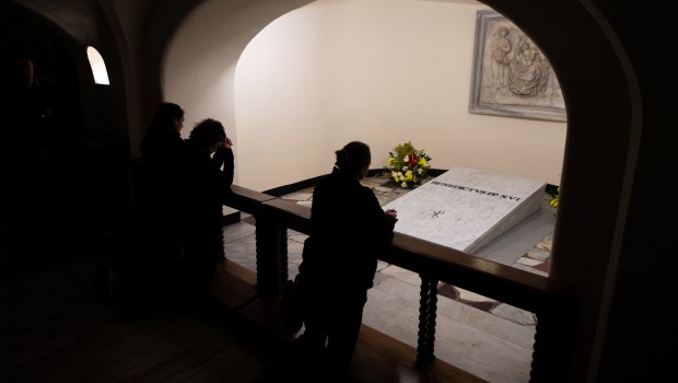 The tomb of late Pope Emeritus Benedict XVI inside the grottos of St. Peter's Basilica