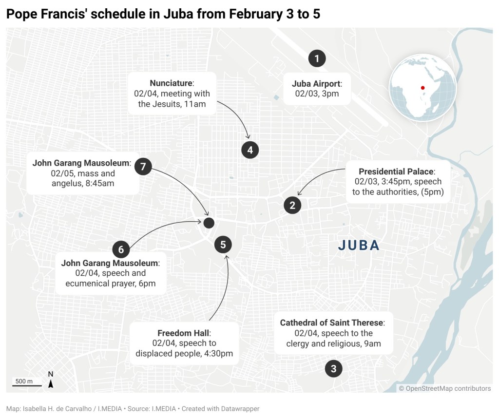Pope trip to S Sudan map