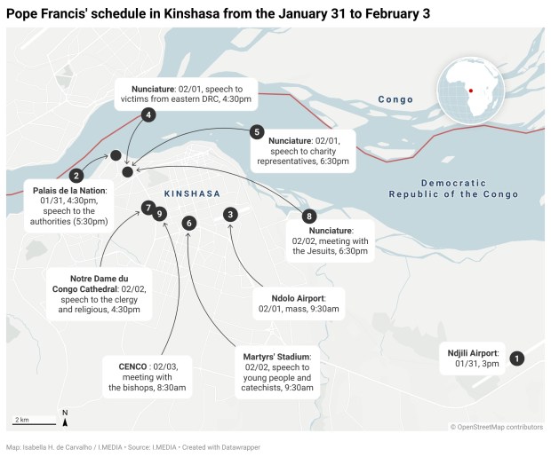 Pope trip to DRC map