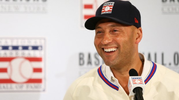 Derek Jeter speaks to the media after being elected into the National Baseball Hall of Fame Class