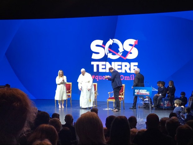Pope Francis and Italian Prime Minister Giorgia Meloni at a forum on birth rates called the Stati Generali della Natalità