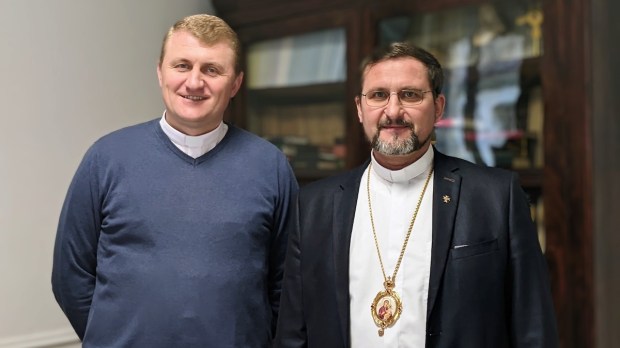 Bishop Mykhaylo Bubniy, right, accompanied by Fr. Mykola Slobodyan.