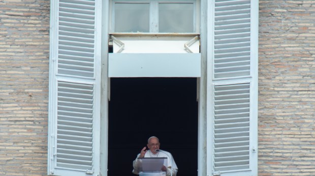 Pope Francis delivers the Regina Coeli prayer on May 28, 2023 from the window of the apostolic palace