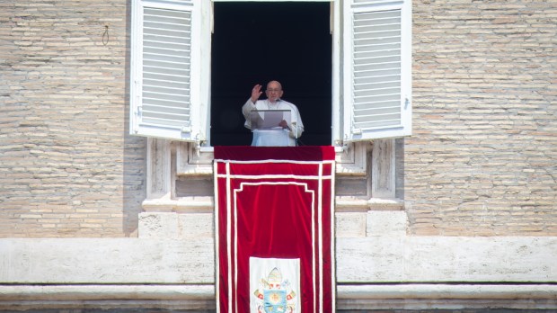 Pope Francis delivers the Regina Coeli prayer on May 28, 2023 from the window of the apostolic palace