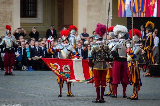 Swiss Guards take part in a swearing-in ceremony in San Damaso Courtyard, Vatican on May 06, 2023