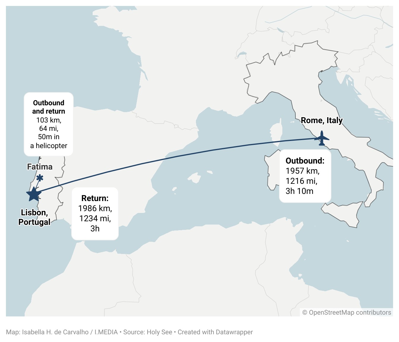 A map showing Pope Francis flights to and from Portugal for his trip in August 2023