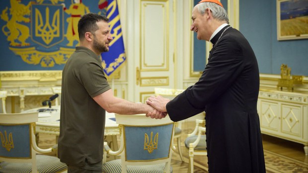 Ukrainian President Volodymyr Zelensky shaking hands with Pope Francis' peace envoy to Ukraine Cardinal Matteo Zuppi