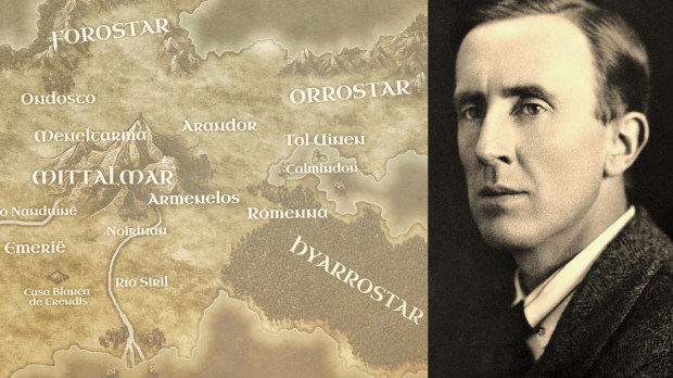 Photo of JRR Tolkien 1920s and a map of Numenor