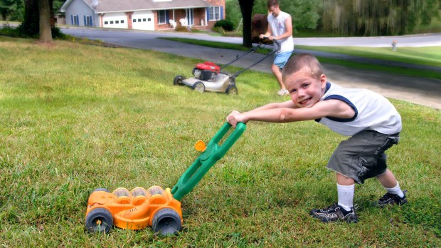 imitation boy dad mowing