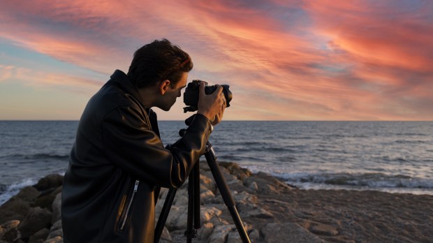 man taking picture of sunset