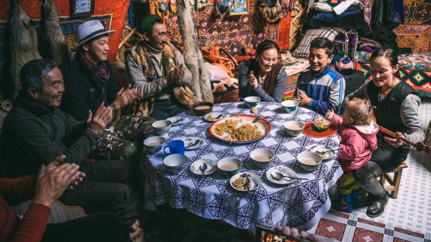 Family dinner in a yurt in Mongolia