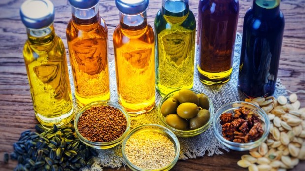 row of cooking oils on counter