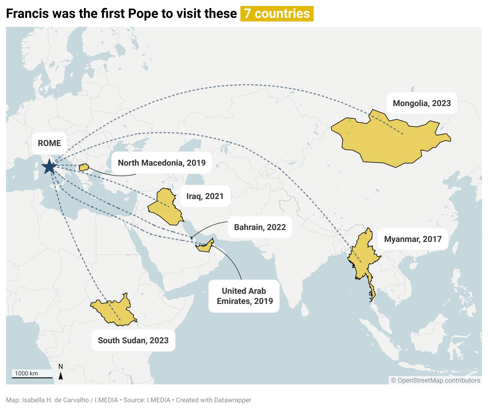 A map showing the countries Pope Francis has visited where no other Pontiff before him had been to