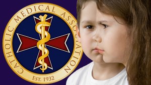 Boy and girl with symbol of Catholic Medical Association