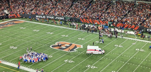 Damar Hamlin is taken off of Paycor Stadium field by ambulance after his injury on January 2, 2023.