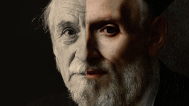 Modern photo of older man with painting of St. Philip Neri by Carlo Dolci (1645)