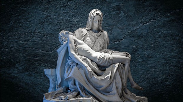 Michelangelo's Pieta against cracked blue wall