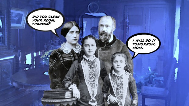 St. Zeilie Martin, St. Louis Martin, Celine Martin, and St. Therese in living room with cartoon captions