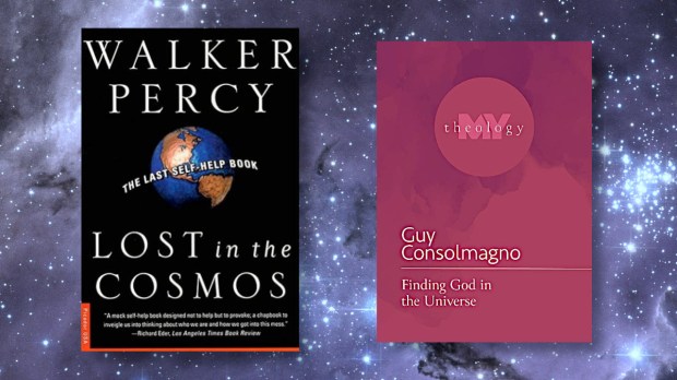 Two books, Lost in the Cosmos and Finding God in the Universe against a star field background
