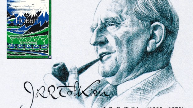 Image of JRR Tolkien postage stamp with image of book The Hobbit