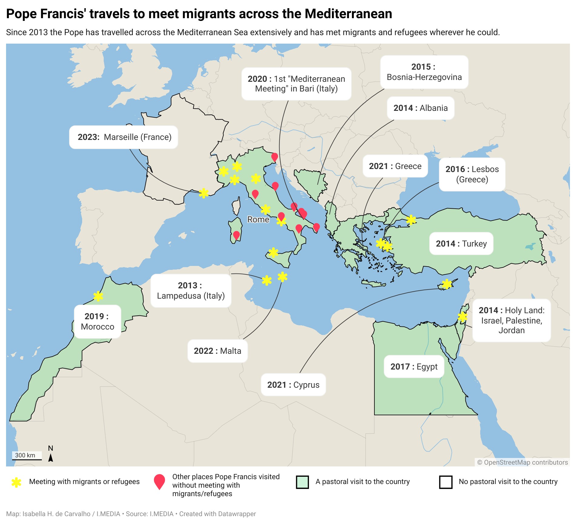 A map showing Pope Francis' travels across the Mediterranean with special markers on where he has met with migrants.