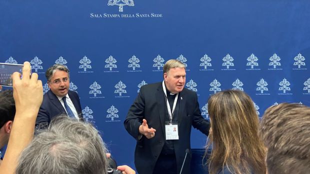 Cardinal Joseph Tobin, Archbishop of Newark, at a press conference on the Synod on Synodality