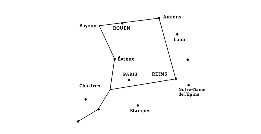 Map of cathedrals in France dedicated to Mary that map onto part of the constellation Virgo