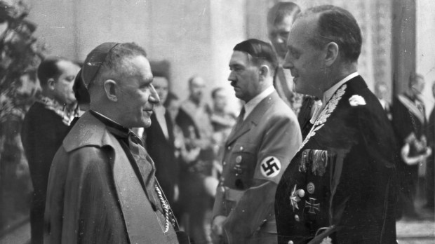 Cesare Orsenigo, Pius XII's nuncio to Germany throughout World War II, with Hitler and Joachim von Ribbentrop.