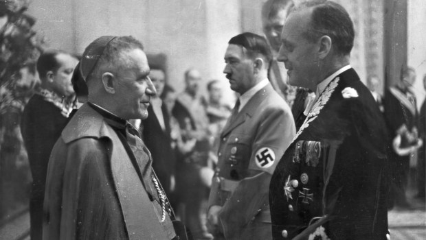 Cesare Orsenigo, Pius XII's nuncio to Germany throughout World War II, with Hitler and Joachim von Ribbentrop.