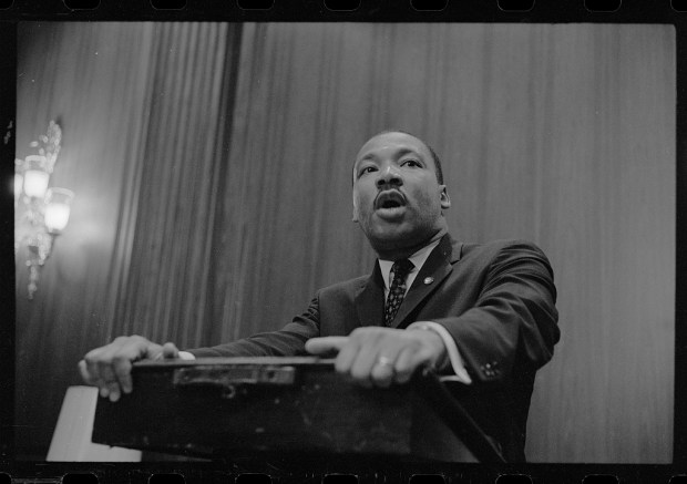 Martin Luther King Jr. speaks at a press conference in Washington, D.C.