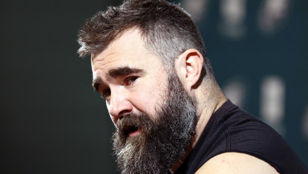 Jason Kelce #62 of the Philadelphia Eagles reacts after announcing his retirement from the NFL