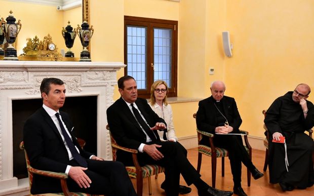 Vatican representatives and Cisco representatives meet to sign the Rome Call for AI ethics on April 24, 2024