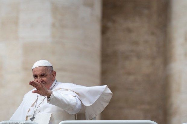 Pope Francis gets on the popemobile during the weekly general audience on April 10, 2024