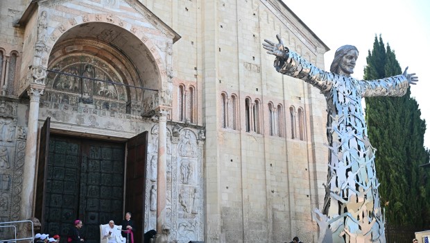 Pope Francis addresses children outside the Basilica of San Zeno during a visit in Verona, on May 18, 2024.