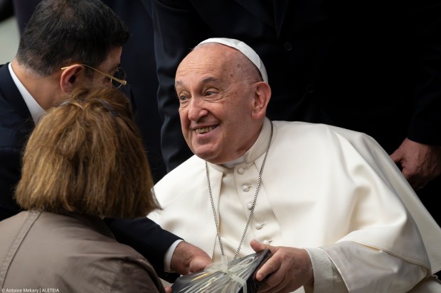 Pope Francis during his weekly general audience in Paul VI Hall at the Vatican on May 01, 2024