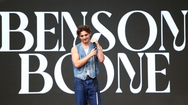LOS ANGELES, CALIFORNIA - AUGUST 19: Benson Boone on stage during the KIIS FM's K-Pop Village At KCON LA at Gilbert Lindsey Plaza on August 19, 2023 in Los Angeles, California