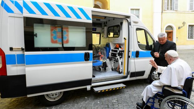 Pope Francis blessing an ambulance that Cardinal Krajewski will be bringing to Ukraine on June 24, 2024.