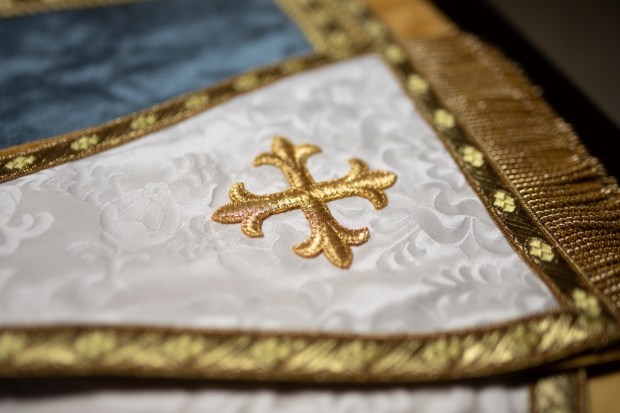 detail of a vestment designed and sewed by a local homeschooling mom