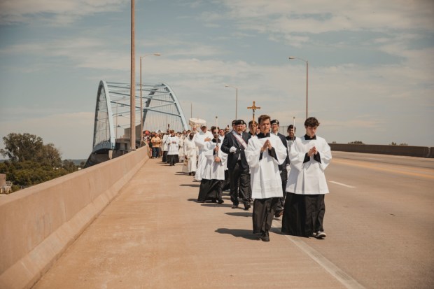 Eucharistic Pilgrimage - The Junipero Serra Route that started at the Golden Gate Bridge in San Francisco crosses the Amelia Earhart Bridge into Atchison, Kansas