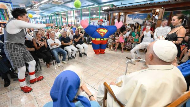Pope Francis meets with amusement park workers and circus performers on July 31, 2024.