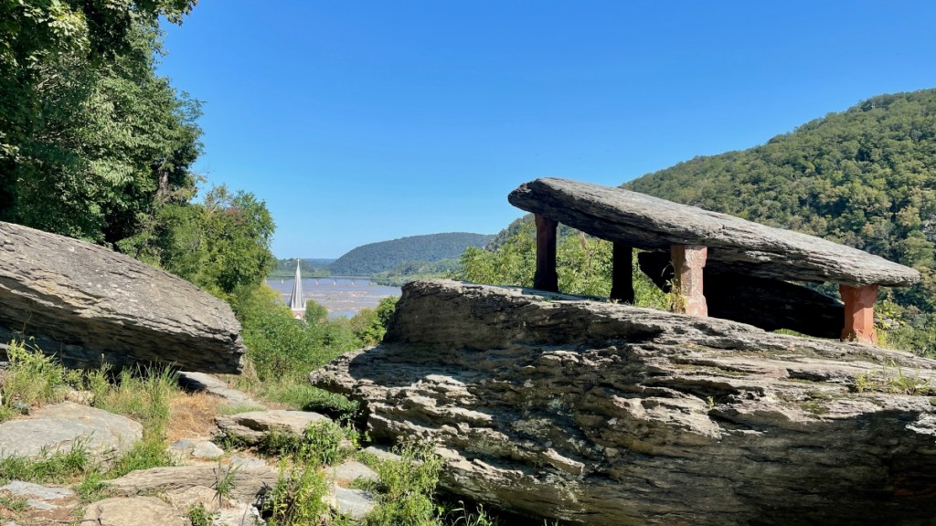 Jefferson Rock in Harper's Ferry, WV with the steeple of St. Peter's Church in the distance.