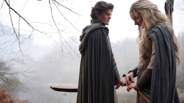 Robert Aramayo as Elrond, Morfydd Cark as Galadriel in Rings of Power season two
